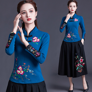 原创中国风立领撞色盘扣上衣绣花t恤女 秋季新款广场舞民族服装棉