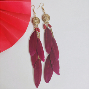中国风配饰羽毛耳环2021年新款潮旗袍长款流苏红色复古民族风耳饰