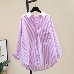 紫色棉麻条纹衬衫女2022春装新款韩版宽松休闲衬衣防晒上衣薄外套
