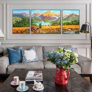 简约现代金山聚宝盆丰收手绘客厅油画三联沙发背景装饰画欧式挂画
