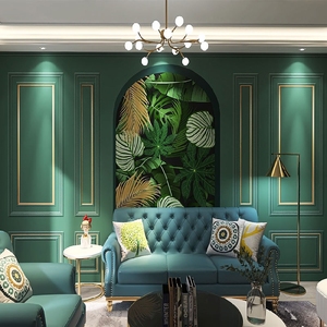 欧式服装店石膏线背景墙纸3d沙发墙布直播方框植物壁布美容院壁纸