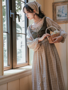 法式少女乡村庄园田园风复古马甲连衣裙两件套女春秋文艺棉麻长裙