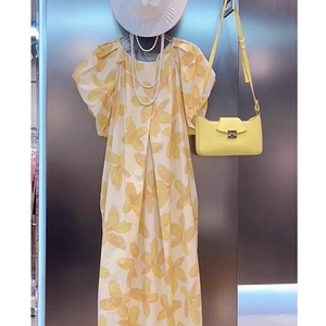 点点高端定制法式海边度假长裙休闲时尚显瘦气质黄色碎花连衣裙子