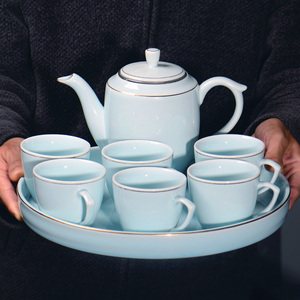 整套陶瓷有耳功夫茶具家用大容量过滤网茶壶带把防烫茶杯纯白干泡