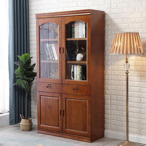 新中式实木书柜书橱带玻璃门家用落地靠墙置物架现代简约收纳柜