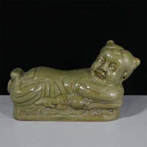 宋耀州窑青釉童女娃娃枕陶瓷枕头古玩古董老旧货老物收藏仿古摆件