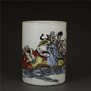 清乾隆粉彩八仙过海笔筒中式古典文房书桌摆件古玩古董做旧仿古瓷