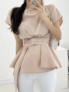 韩国chic夏季法式小众气质圆领腰带收腰显瘦荷叶边短袖衬衫上衣女