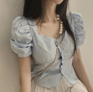 韩国chic夏季减龄复古小众设计感气质桃心领单排扣短袖衬衫女上衣