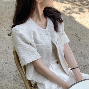 韩国chic夏季减龄法式小香风格子短袖小外套女显瘦气质百搭开衫