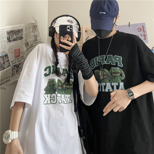 大码女装纯棉短袖t恤女宽松韩版ins原宿风bf情侣装hiphop炸街上衣