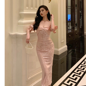 广州市十三行档口名媛风珠片中长款修身包臀小性感露肩礼服连衣裙
