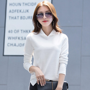 春秋女士纯棉长袖t恤打底衫小领口翻领纯色polo衫时尚百搭体恤