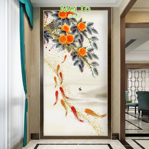 中式18D事事如意玄关壁纸竖版柿子鲤鱼走廊壁画招财九鱼客厅壁布
