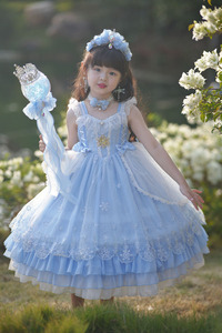 粗腿女童洛丽塔公主裙蓝色冰雪女王艾莎连衣裙四季款吊带裙长裙