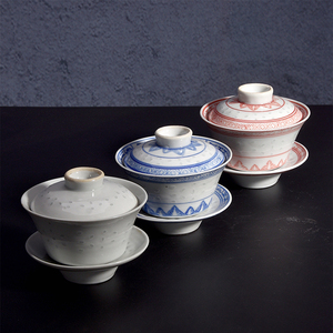 景德镇七八十年代光明瓷厂青花玲珑三才盖碗茶碗茶盅茶具