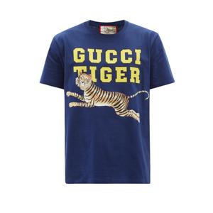 kmt 22春夏 gucci tiger 蓝色纯棉 logo老虎印花 男士t恤