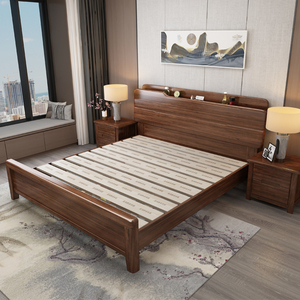 实木床胡桃木现代简约2米x2米2主卧大床气压高箱储物1.8米双人床