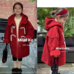 米莱童装2023冬季女童新年圣诞款毛呢红色大衣加厚连帽外套潮7096