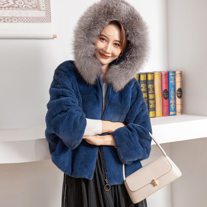 2021进口貂皮大衣短款女整貂水貂毛皮草银狐狸毛领裘皮外套蝙蝠袖