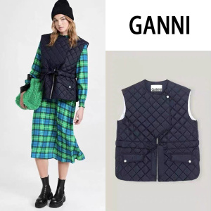 正品 GANNI 23秋冬新款 舒适百搭菱格系带夹棉羽绒女士马甲背心