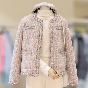 大码女装小香风毛呢外套女时尚气质重工钉珠加绒呢子大衣短款