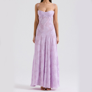 欧美紫色吊带裙气质名媛高个子拖地长裙女性感绑带收腰显瘦连衣裙