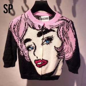 sp奢品 moschino莫斯奇诺 黑色粉红头像短款针织开衫毛衣女代购口