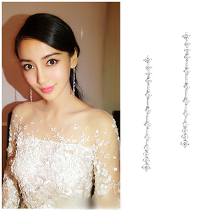 angel baby刘诗诗孙俪明星同款925纯银流线水滴锆石长耳环 耳钉女