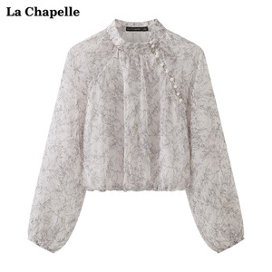 拉夏贝尔/La Chapelle新中式水墨花纹斜扣雪纺衫立领宽松衬衫女春