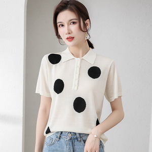 雅莹贝莉娃娃领短袖t恤2021新款夏装薄款冰丝针织衫波点短款上衣