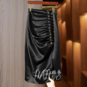 大品牌高端外贸单女装原尾货出口剪标醋酸褶皱高腰包臀半身中长裙