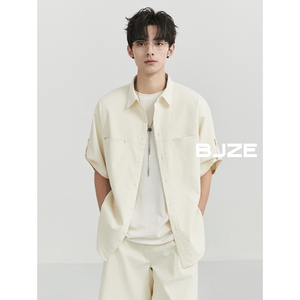 BJZE男装2024夏季新款高级感华夫格短袖衬衫薄外套式韩版宽松上衣