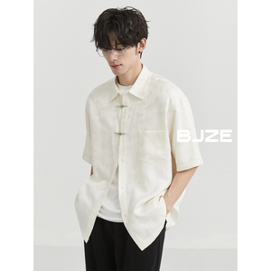 BJZE男装2024夏季新款定织印花新中式短袖衬衫韩版宽松五分袖上衣