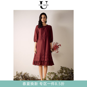 uenshadi\温莎蒂夏季新款品牌女装时尚枣红纯色七分袖连衣裙