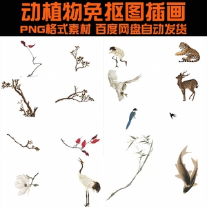 动植物免扣工笔画仙鹤卧虎荷花燕子老鹰树枝鱼鹿插画png素材1712