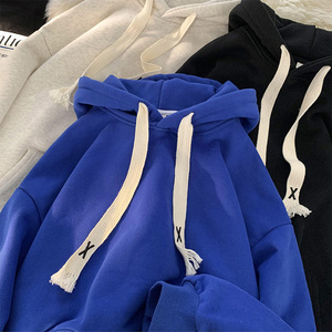 克莱因蓝色重磅卫衣男春秋宽松潮牌ins港风百搭抽绳带子连帽外套