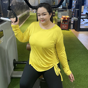 特大码女装秋长袖抽绳健身服速干宽松瑜伽跑步训练营t恤250斤显瘦