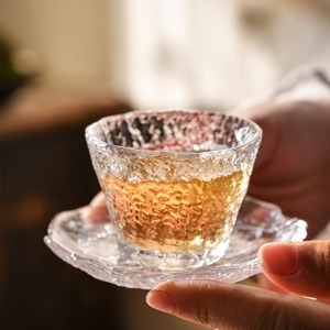 日式冰露玻璃茶杯带透明杯垫隔热杯托禅意品茗杯单杯主人杯子茶盏