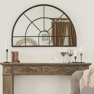 美式法式乡村复古铁艺壁挂镜壁炉装饰镜做旧玄关镜半圆假窗镜子