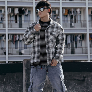 bluesfly原创休闲运动上衣服男士格子衬衫宽松帅气秋冬季外套长袖