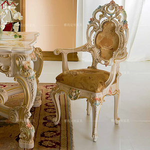时尚巴洛克餐椅单人休闲椅子书椅实木镂空雕花白色描金彩绘欧式法