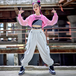 儿童演出服街舞潮服粉色长袖露脐套装秋冬hiphop女童爵士舞服装酷