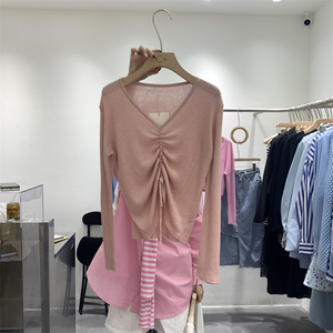 duding杜町针织衫女春季韩版修身显瘦褶皱抽绳v领套头长袖上衣潮