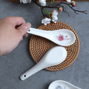 娜是天晴淘宝纯白色陶瓷勺子小汤勺长柄饭勺大号平底圆底餐厅饭店