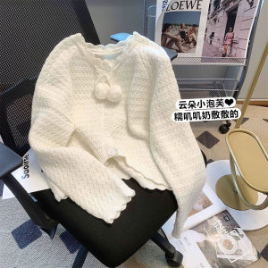 奶fufu的毛衣设计感波浪边系带毛球针织开衫女秋冬宽松慵懒风外套
