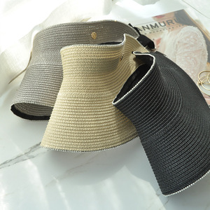 春夏小众设计一片式草编空顶帽水钻可收纳遮阳帽防晒时尚灯罩帽女