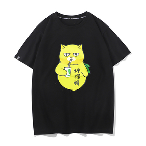 秀洛猫咪柠檬精短袖T恤男女日系潮牌文字趣味T恤恶搞创意半袖上衣