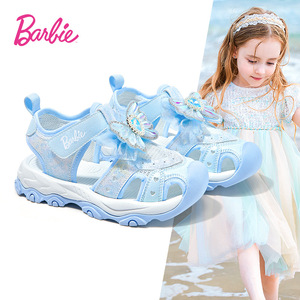 芭比娃娃女童休闲舒适沙滩鞋2024年夏季甜美蝴蝶结小女孩运动凉鞋