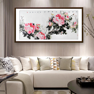 纯手绘洛阳牡丹画国画新中式客厅装饰画沙发背景墙画四尺横幅挂画